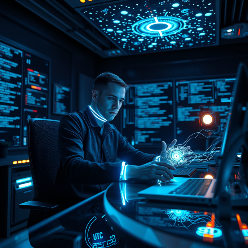 Futuristic Ai Developer with Glowing Neon-blue Data Str...