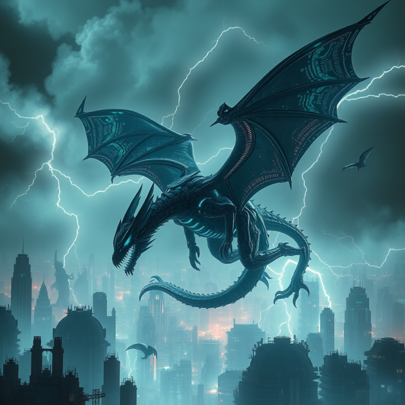 Futuristic, Biomechanical Dragon with Glowing Wings