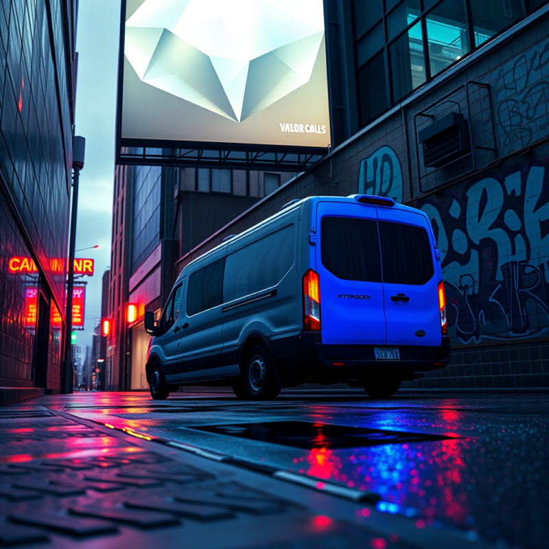 Futuristic Blue Hydrogen Van Parked on a Wet,