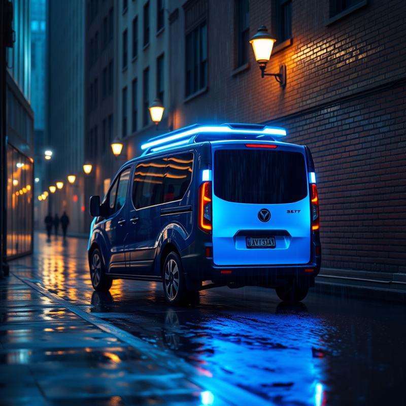 Futuristic Blue Van with Glowing Neon Lights Drives