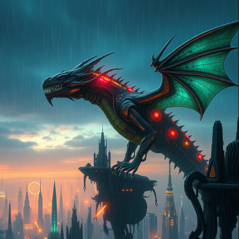Futuristic Cyber Dragon with Glowing Red Eyes and