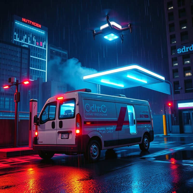 Futuristic Drone Hovers Above a Van Parked Under a