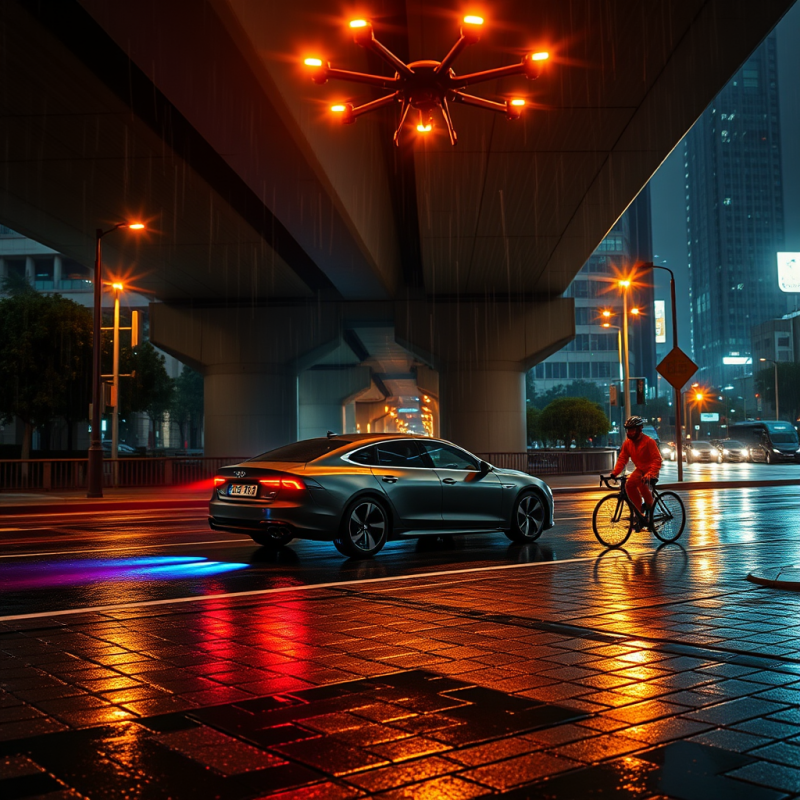 Futuristic Drone Hovers Above a Wet Urban Street at