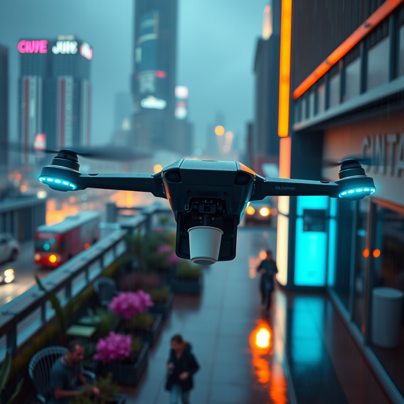 Futuristic Drone Hovers in a Rainy Urban Alley,