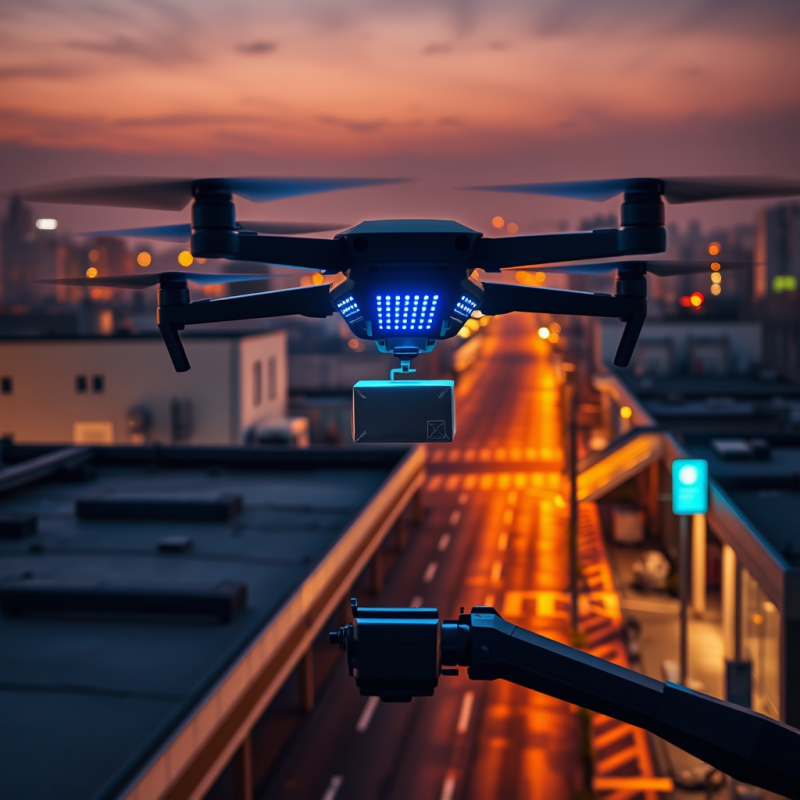 Futuristic Drone Hovers Over a Glowing Urban Street