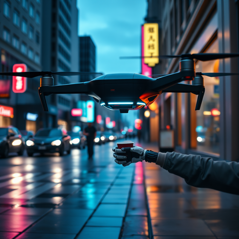 Futuristic Drone Hovers Over a Wet City Street at