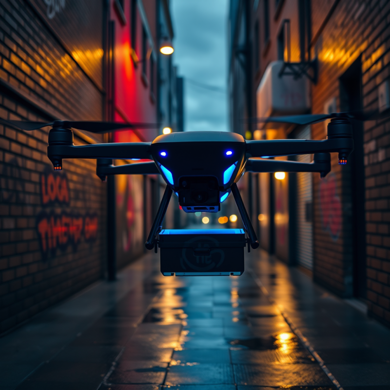 Futuristic Drone Hovers Over a Wet, Neon-lit Urban