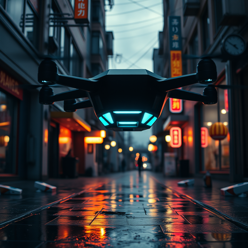 Futuristic Drone Hovers Over a Wet, Neon-lit Urban