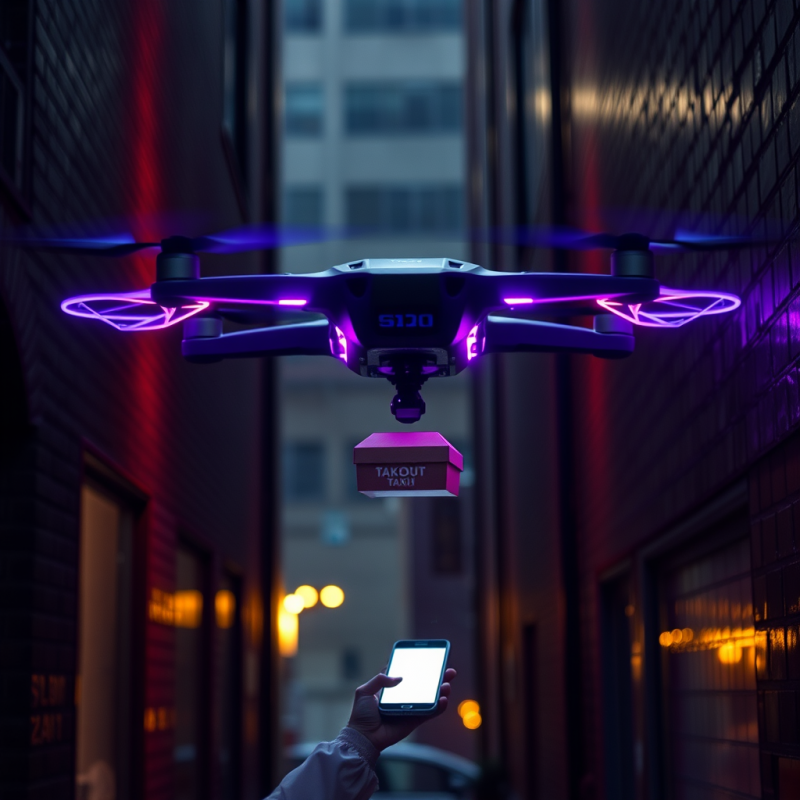 Futuristic Drone with Glowing Purple Lights Hovers