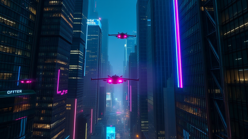 Futuristic Drones Flying Through Neon Cityscape