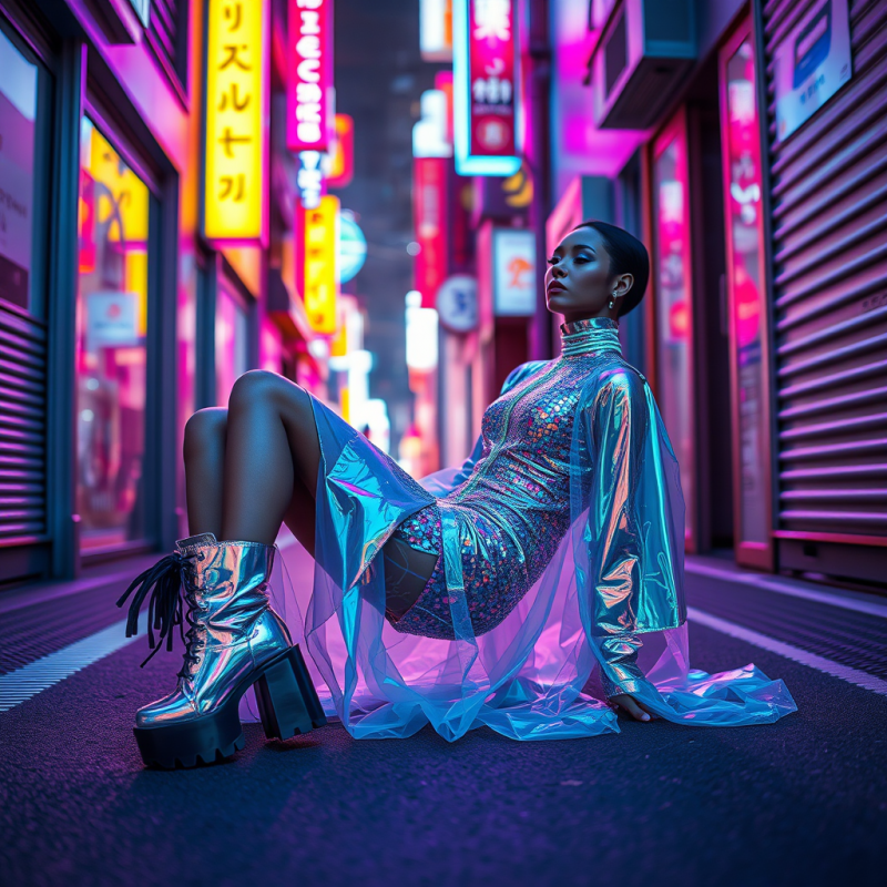 Futuristic Fashion Model Reclines in a Neon-lit Tokyo A...