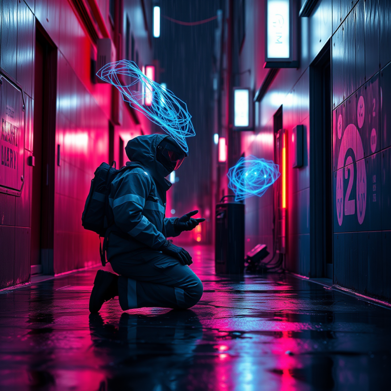 Futuristic Figure in a Hooded Suit Kneels in a
