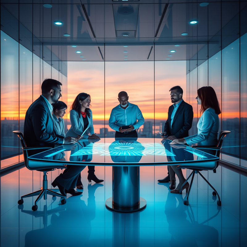 Futuristic Glass-walled Conference Room at Dusk