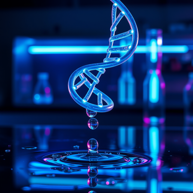 Futuristic, Glowing Blue Dna Helix Drips Into Water,
