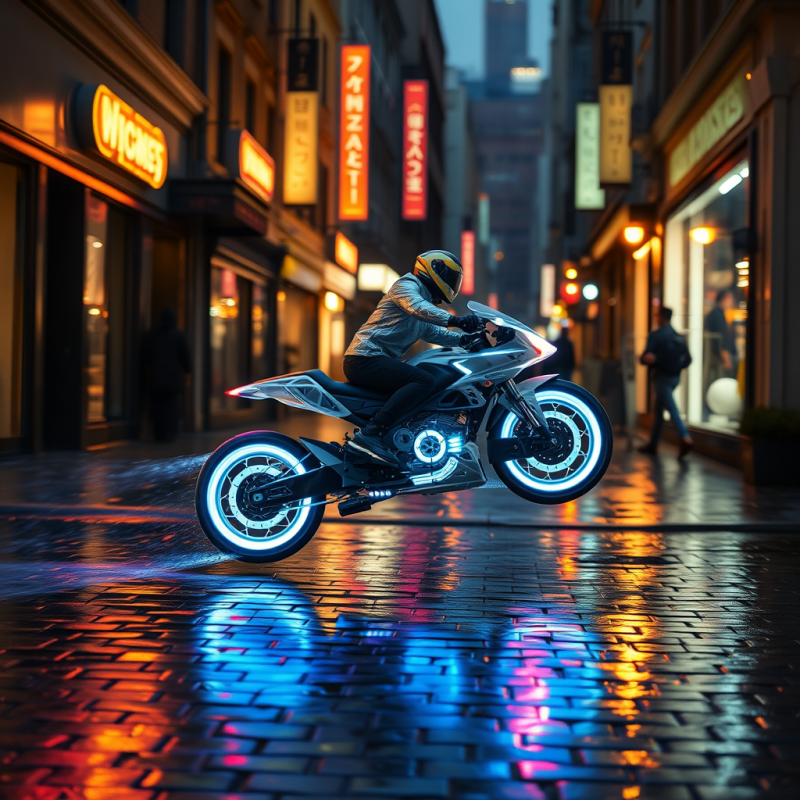 Futuristic Motorcycle with Glowing Blue Wheels Leaps