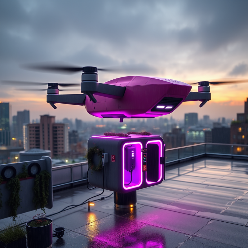 Futuristic Purple Drone Hovers Above a Glowing