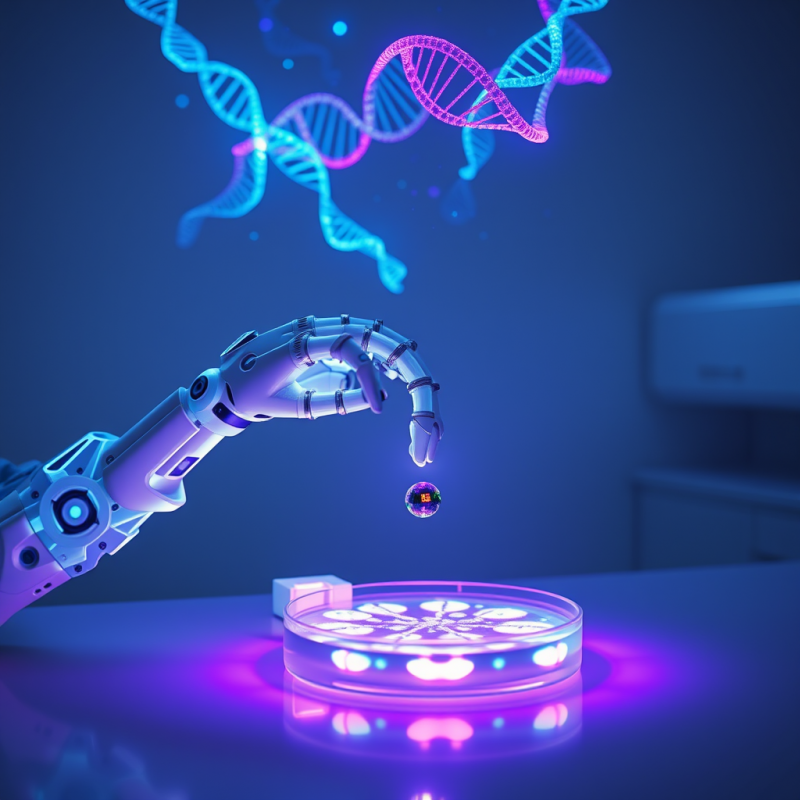 Futuristic Robotic Hand Hovers Over a Glowing Petri