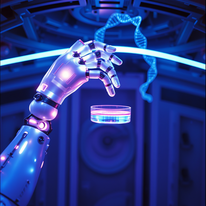 Futuristic Robotic Hand Hovers Over a Petri Dish,