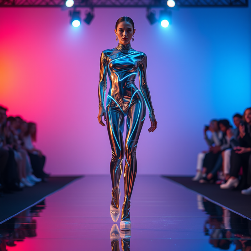 Futuristic Runway Model in a Chrome-plated