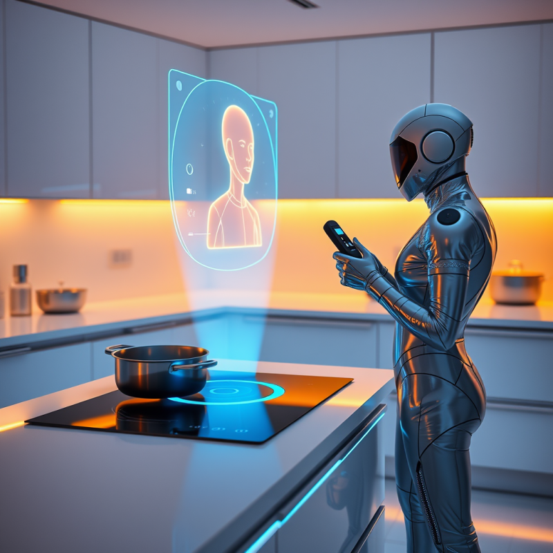 Futuristic Smart Kitchen Where a Translucent Holographi...
