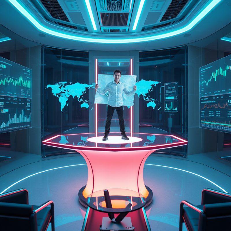 Futuristic Tech Startup Founder Stands Atop a Glowing G...