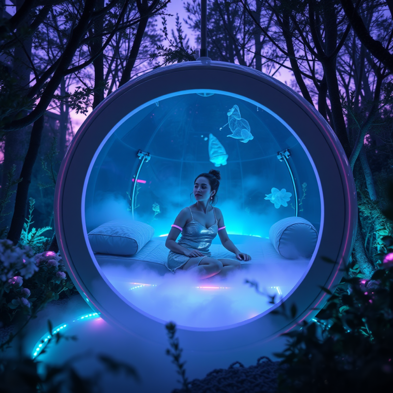 Futuristic Wellness Pod Nestled Inside a Glowing Biolum...