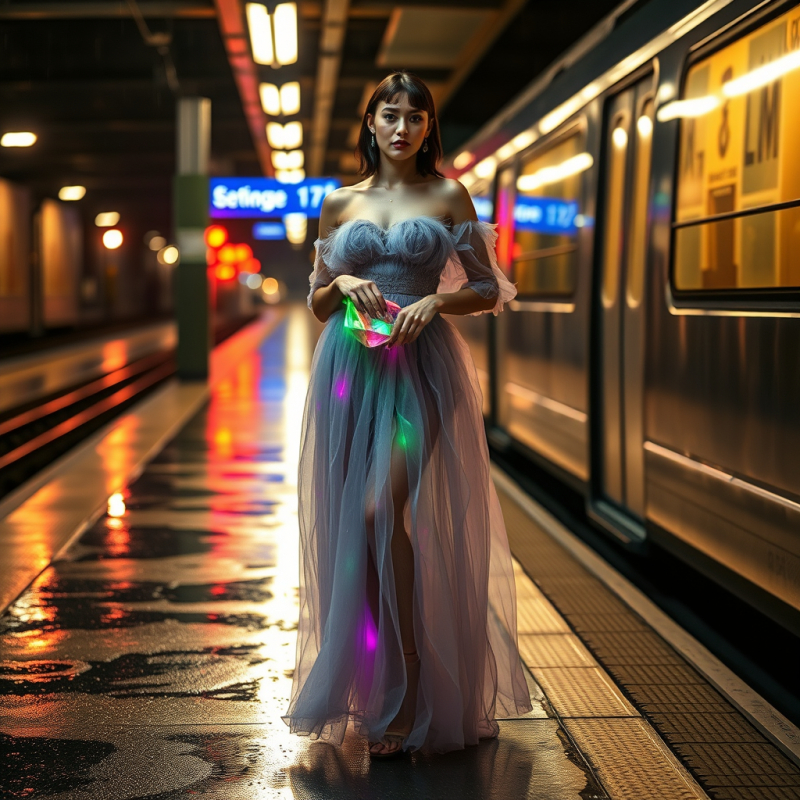 Gender-fluid Model in a Liquid Metallic Silver Tulle Go...