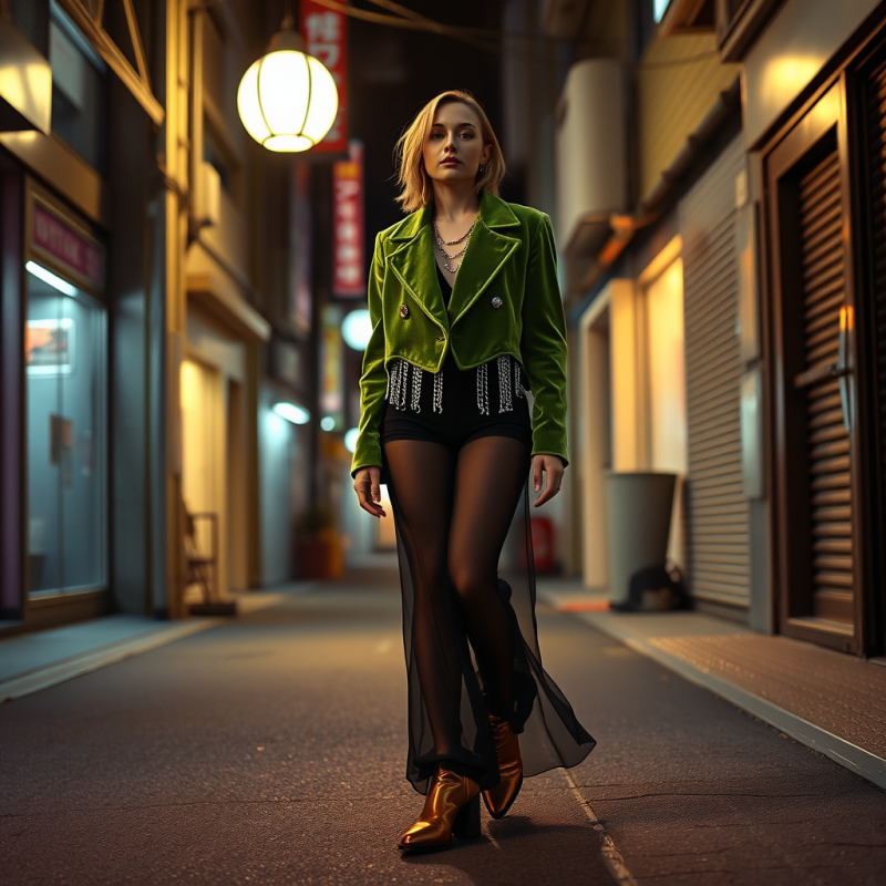 Gender-fluid Model Mid-stride on a Neon-drenched Tokyo ...