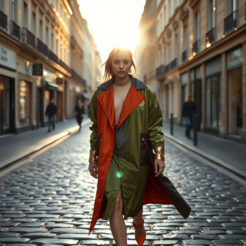 Gender-fluid Model Mid-stride on a Sun-drenched