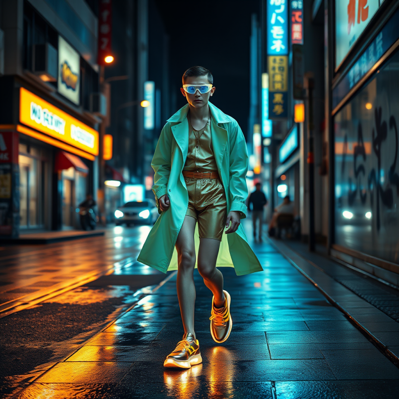Genderless Fashion Model Mid-stride on a Neon-lit Rain-...