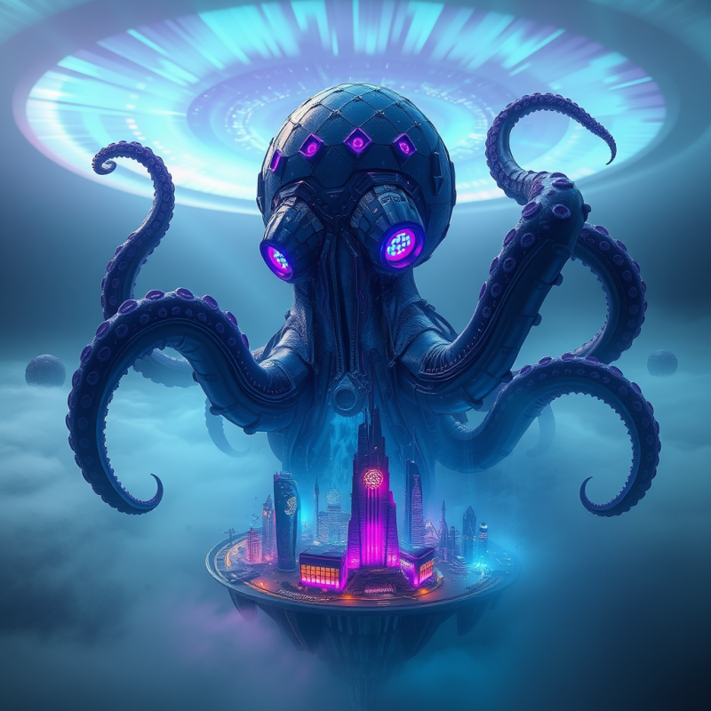Giant Cybernetic Octopus with Glowing Purple Eyes