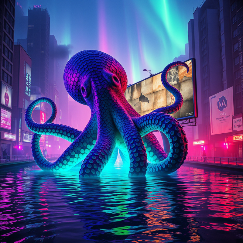Giant, Glowing Octopus Emerges from Neon-lit Water