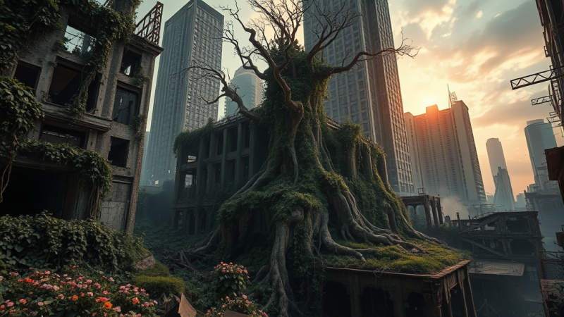 Giant Tree Growing Through Ruined Cityscape
