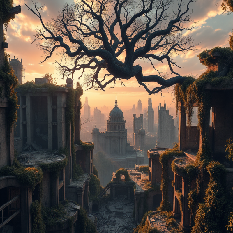 Giant Tree Overgrown Ruins at Sunset