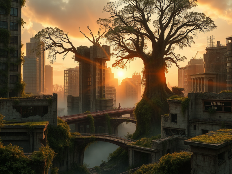 Giant Tree Rising Through Ruined Cityscape