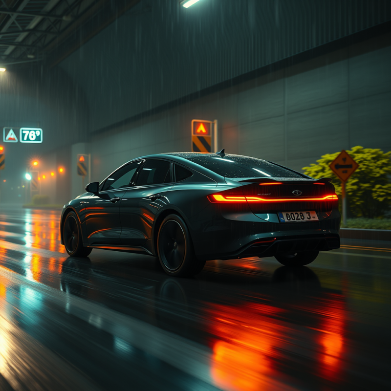 Glossy Black Sedan Speeds Through a Rainy Tunnel,