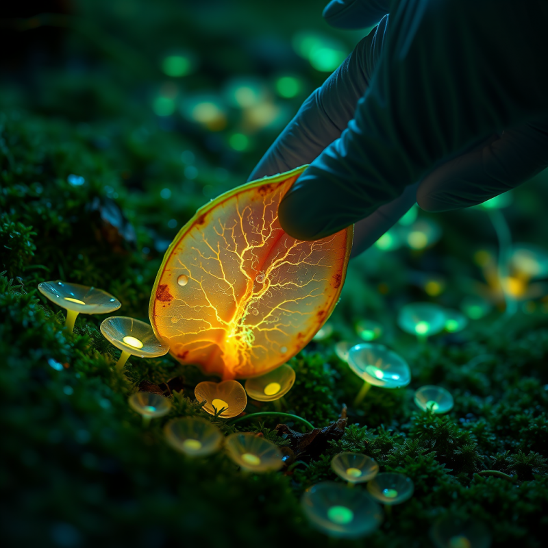 Gloved Hand Delicately Holds a Glowing, Vein-like