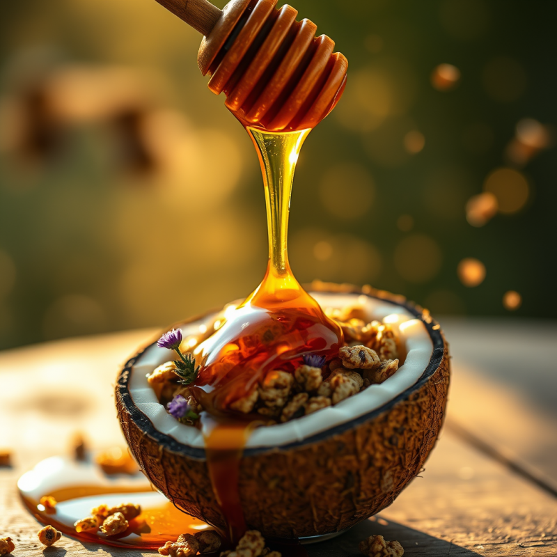 Glowing Amber Honey Drizzled Over a Cracked Open Coconu...