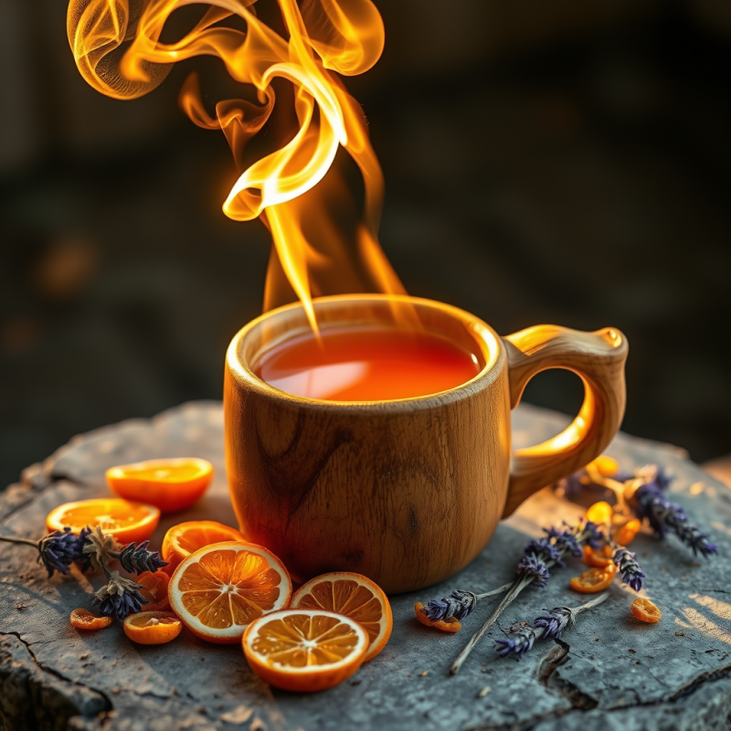 Glowing Amber Hot Toddy in a Hand-carved Wooden Mug