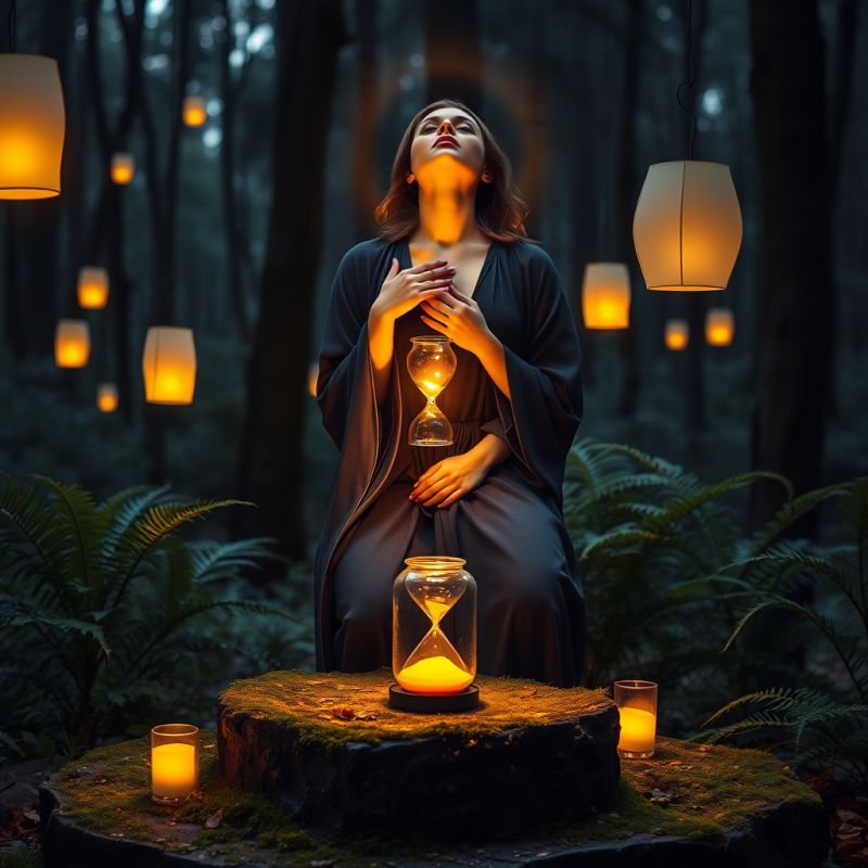 Glowing Amber Hourglass Sits Atop a Moss-covered Stone ...
