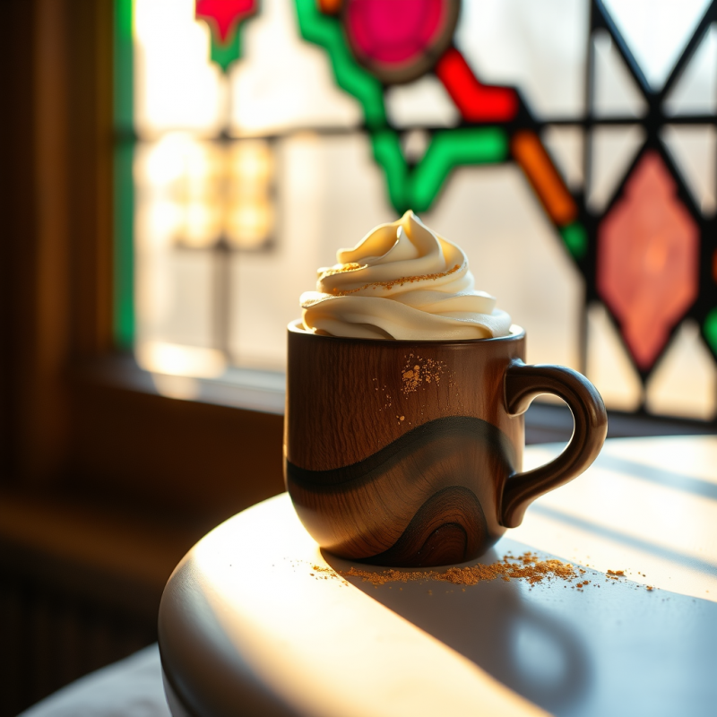 Glowing Amber-hued Matcha Latte in a Hand-carved Walnut...