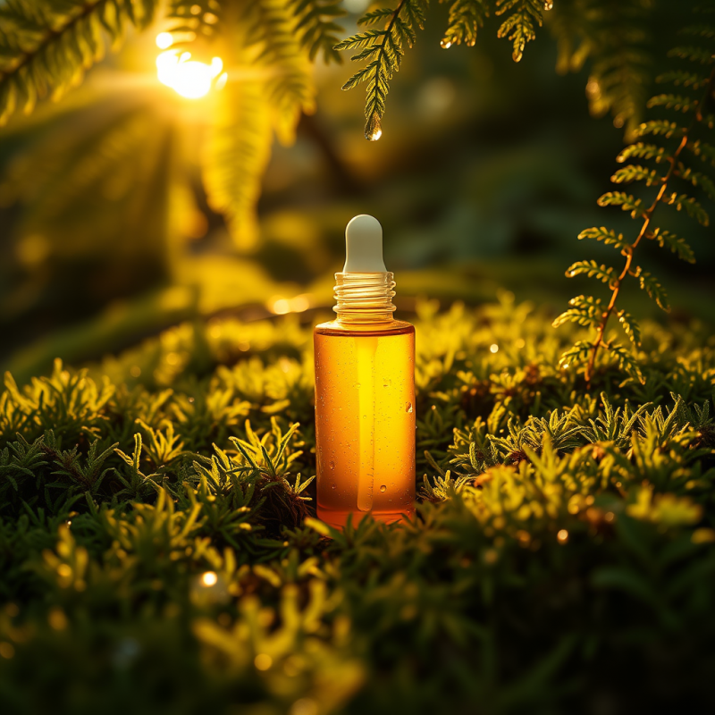 Glowing Amber-hued Serum Bottle Nestled in a Dew-kissed...