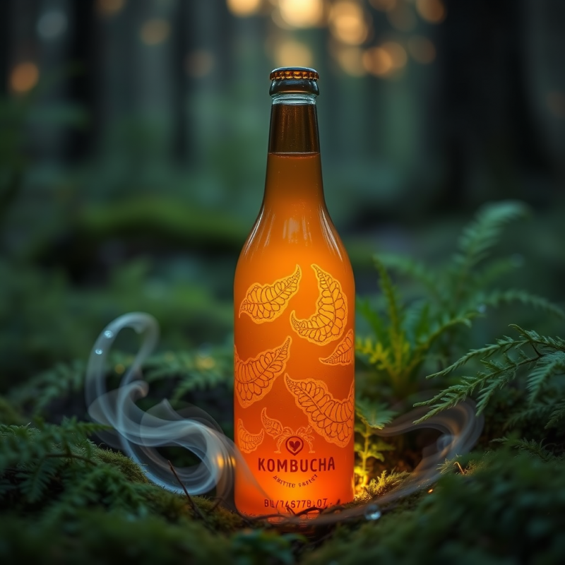 Glowing Amber Kombucha Bottle Adorned with Leaf