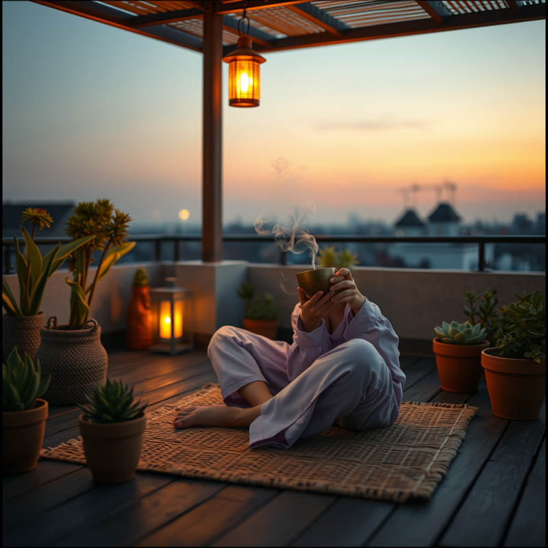 Glowing Amber Lantern Illuminates a Quiet Rooftop Garde...