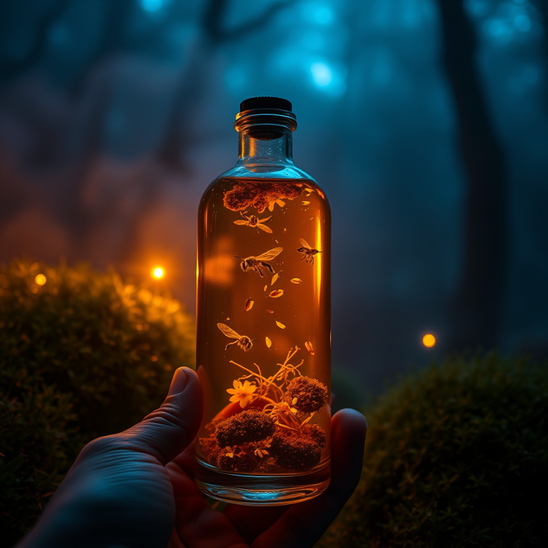 Glowing Amber Liquid Swirls in a Hand-crafted Glass Bot...