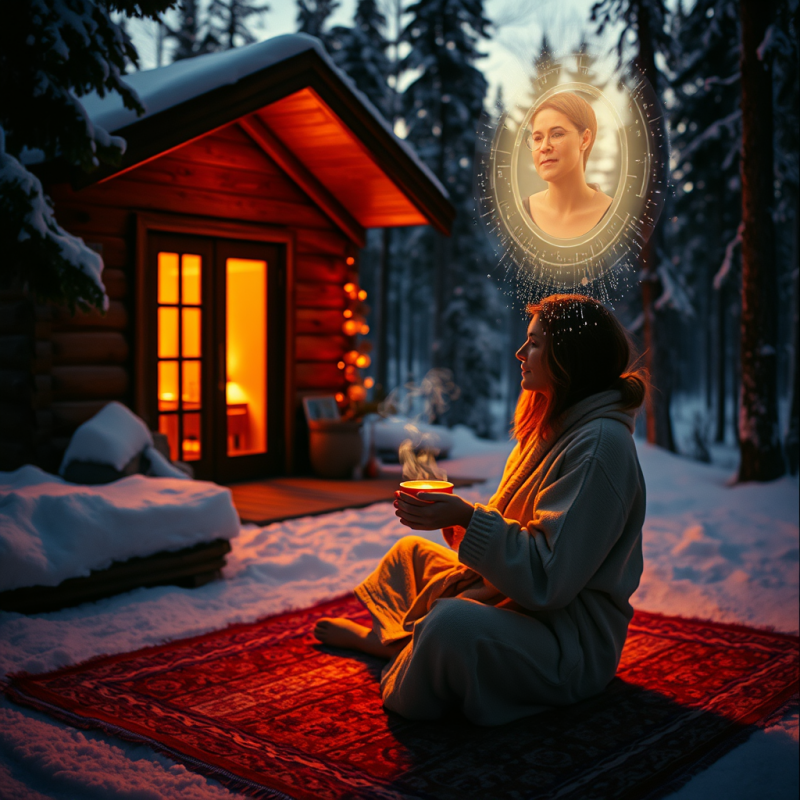 Glowing Amber-lit Cabin Nestled in a Snowy Forest at Tw...