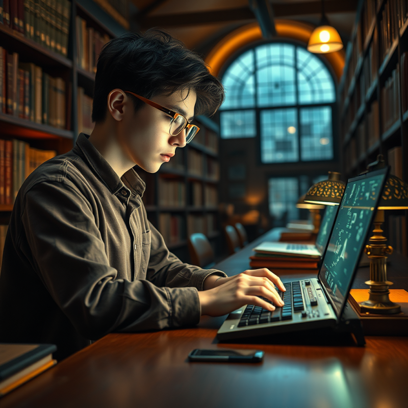 Glowing Amber-lit High School Library at Twilight