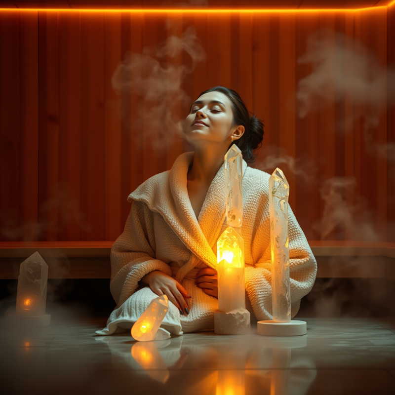 Glowing Amber-lit Indoor Sauna with Steam Curling Aroun...