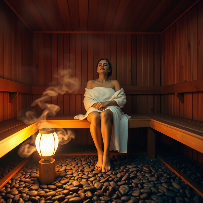Glowing Amber-lit Indoor Sauna with Steam Rising Softly...