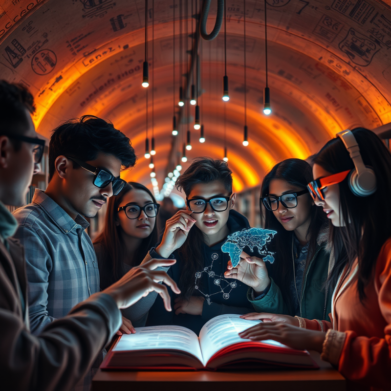 Glowing Amber-lit Underground Library Tunnel